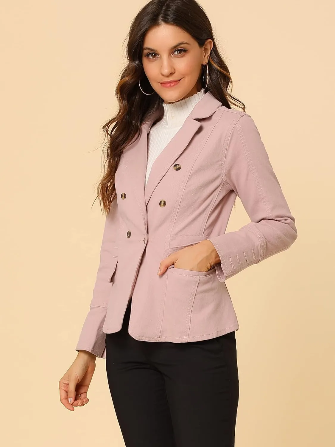 Allegra K Women's Jean Jacket Button Down Notched Lapel Long Sleeve Work Office Denim Blazer Jacket