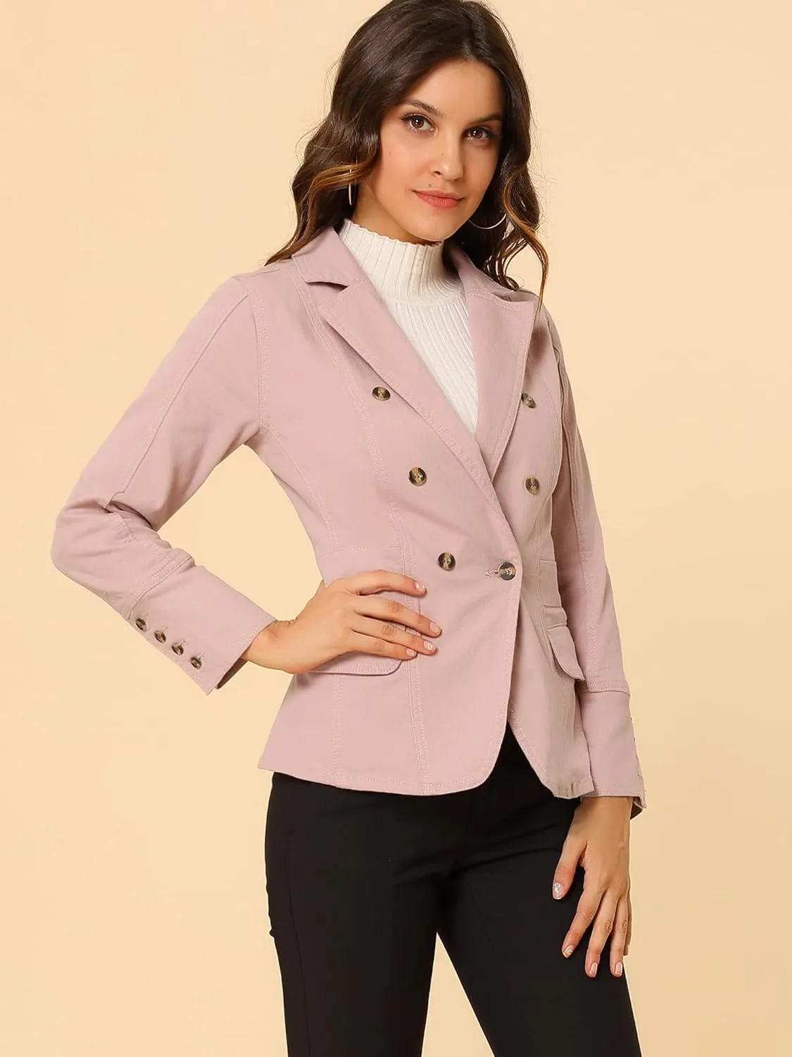 Allegra K Women's Jean Jacket Button Down Notched Lapel Long Sleeve Work Office Denim Blazer Jacket