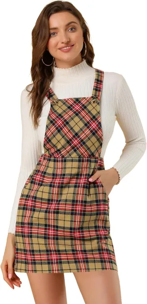 Allegra K Women's Overall Bib Dress Plaid Adjustable Strap Pinafore Mini Suspender Skirt