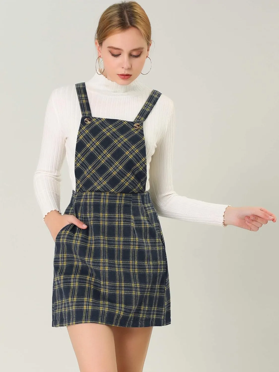 Allegra K Women's Overall Bib Dress Plaid Adjustable Strap Pinafore Mini Suspender Skirt