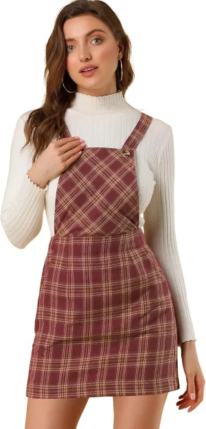 Allegra K Women's Overall Bib Dress Plaid Adjustable Strap Pinafore Mini Suspender Skirt