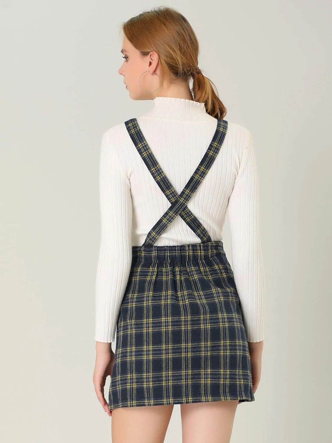 Allegra K Women's Overall Bib Dress Plaid Adjustable Strap Pinafore Mini Suspender Skirt