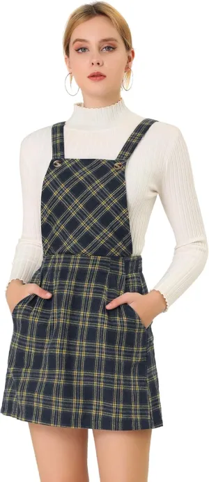 Allegra K Women's Overall Bib Dress Plaid Adjustable Strap Pinafore Mini Suspender Skirt