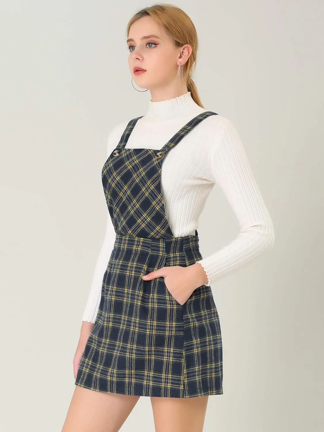 Allegra K Women's Overall Bib Dress Plaid Adjustable Strap Pinafore Mini Suspender Skirt