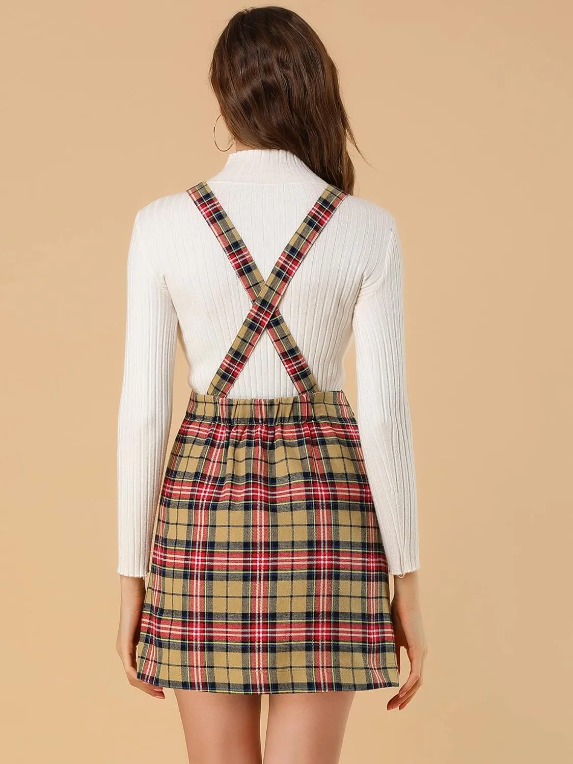Allegra K Women's Overall Bib Dress Plaid Adjustable Strap Pinafore Mini Suspender Skirt
