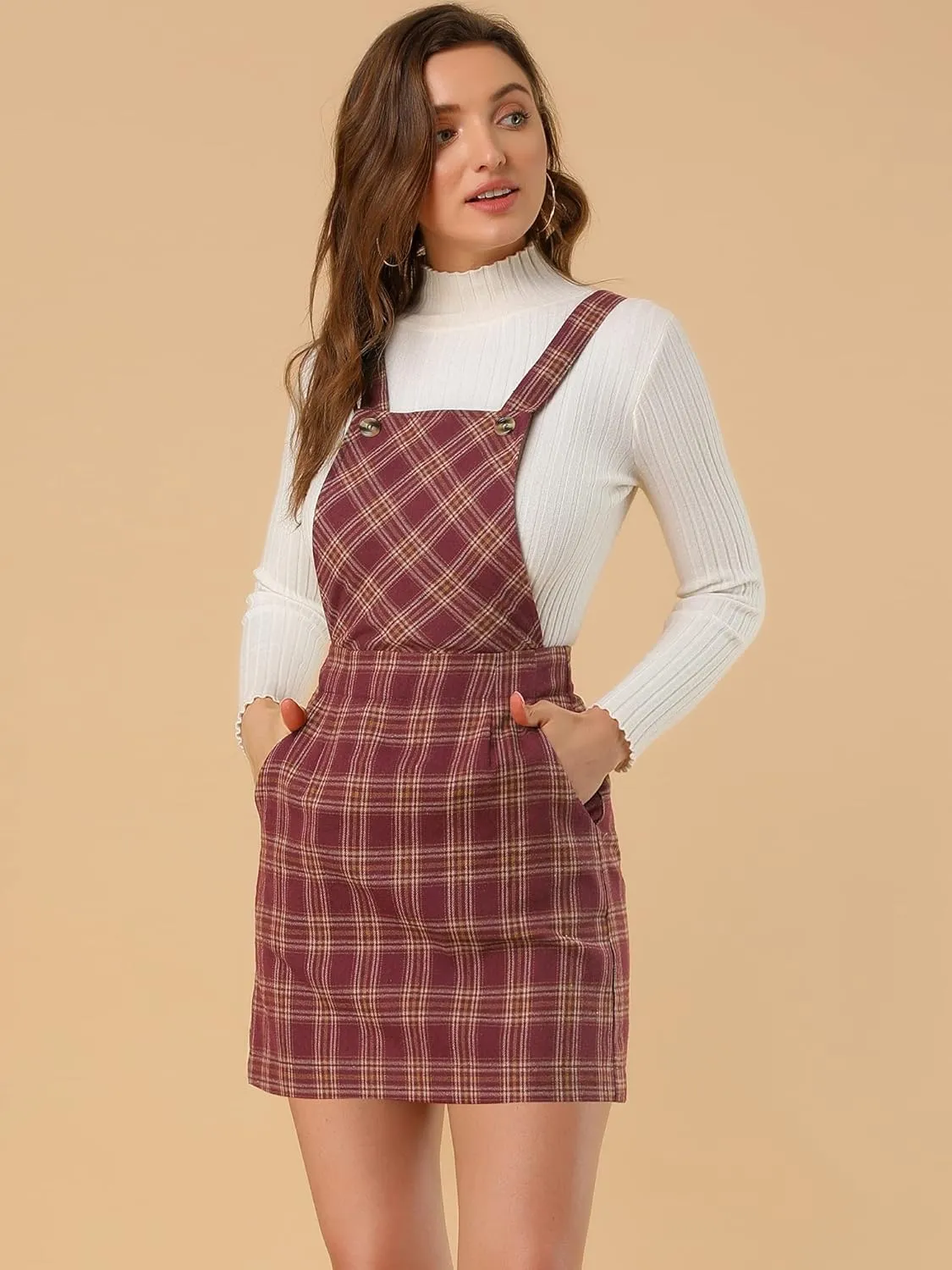 Allegra K Women's Overall Bib Dress Plaid Adjustable Strap Pinafore Mini Suspender Skirt
