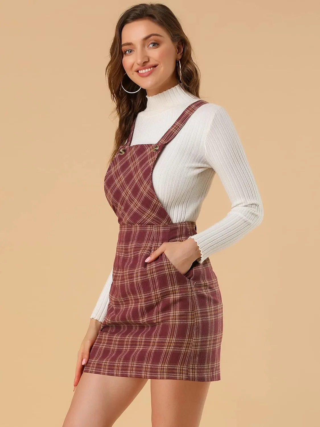 Allegra K Women's Overall Bib Dress Plaid Adjustable Strap Pinafore Mini Suspender Skirt