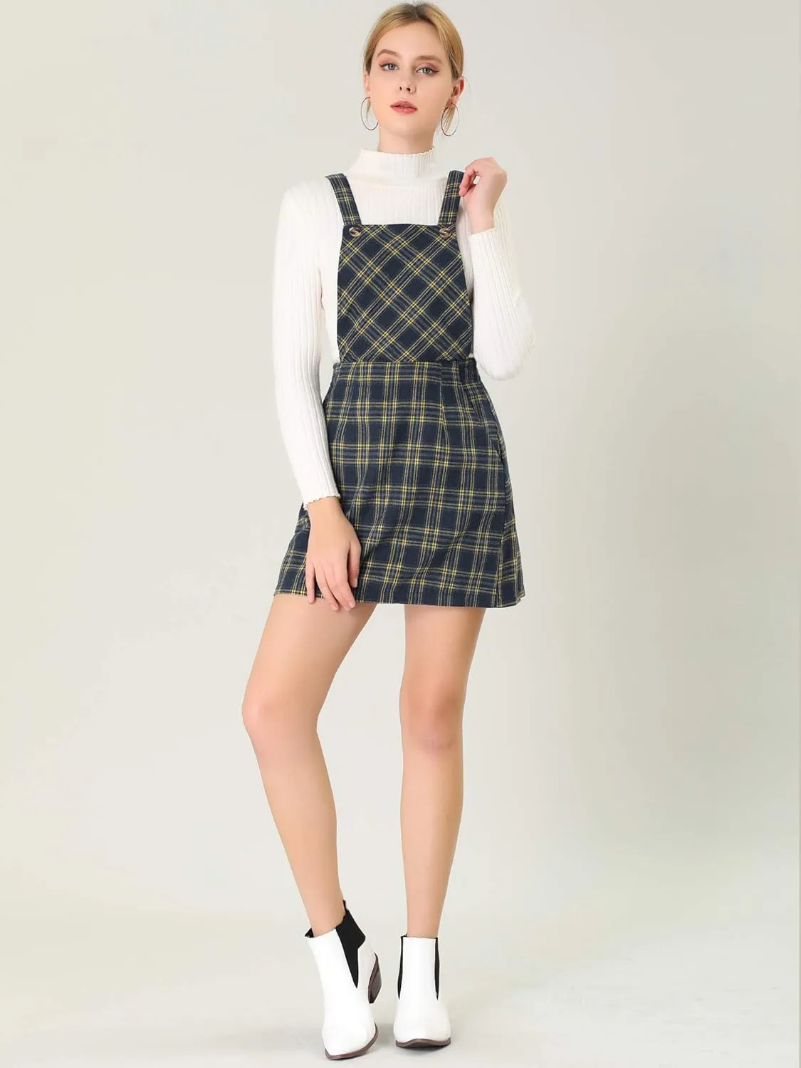 Allegra K Women's Overall Bib Dress Plaid Adjustable Strap Pinafore Mini Suspender Skirt