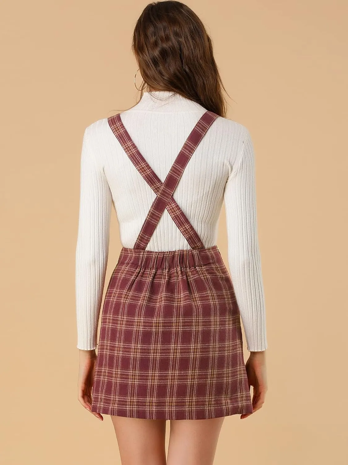 Allegra K Women's Overall Bib Dress Plaid Adjustable Strap Pinafore Mini Suspender Skirt