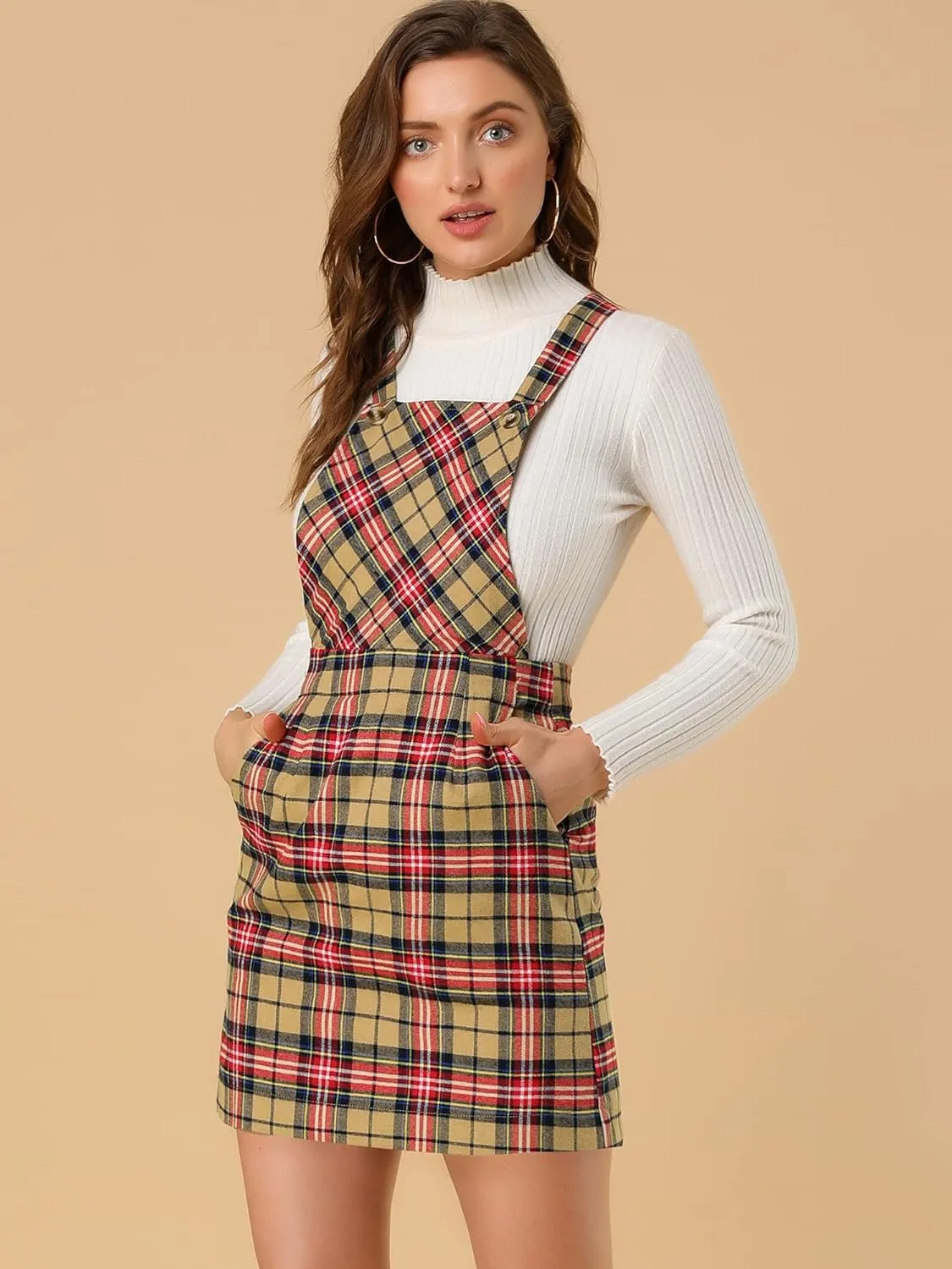 Allegra K Women's Overall Bib Dress Plaid Adjustable Strap Pinafore Mini Suspender Skirt
