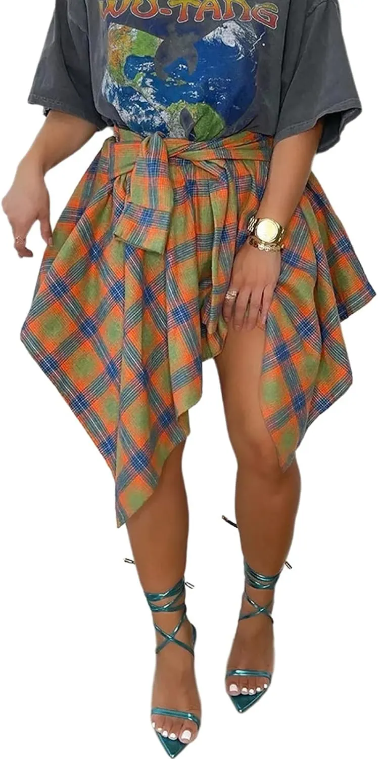 ALLUMK Women Casual Plaid Print Irregular Hem Mini Skirts High Waist A-Line Skirts with Belt