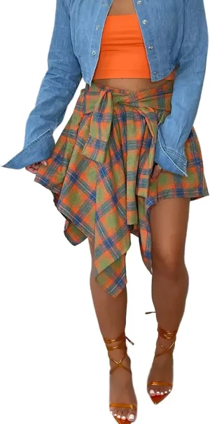 ALLUMK Women Casual Plaid Print Irregular Hem Mini Skirts High Waist A-Line Skirts with Belt