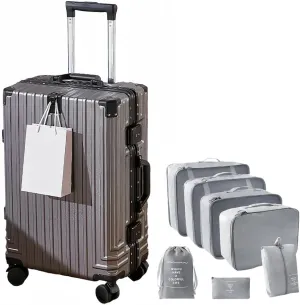 Aluminum Frame Carry-on Luggage, Hardside Carry-on Suitcase, Zipperless Suitcase, Spinner Luggage with Cup Holder and TSA Locks (Grey   Organizer Bags, Carry-On 24-Inch)