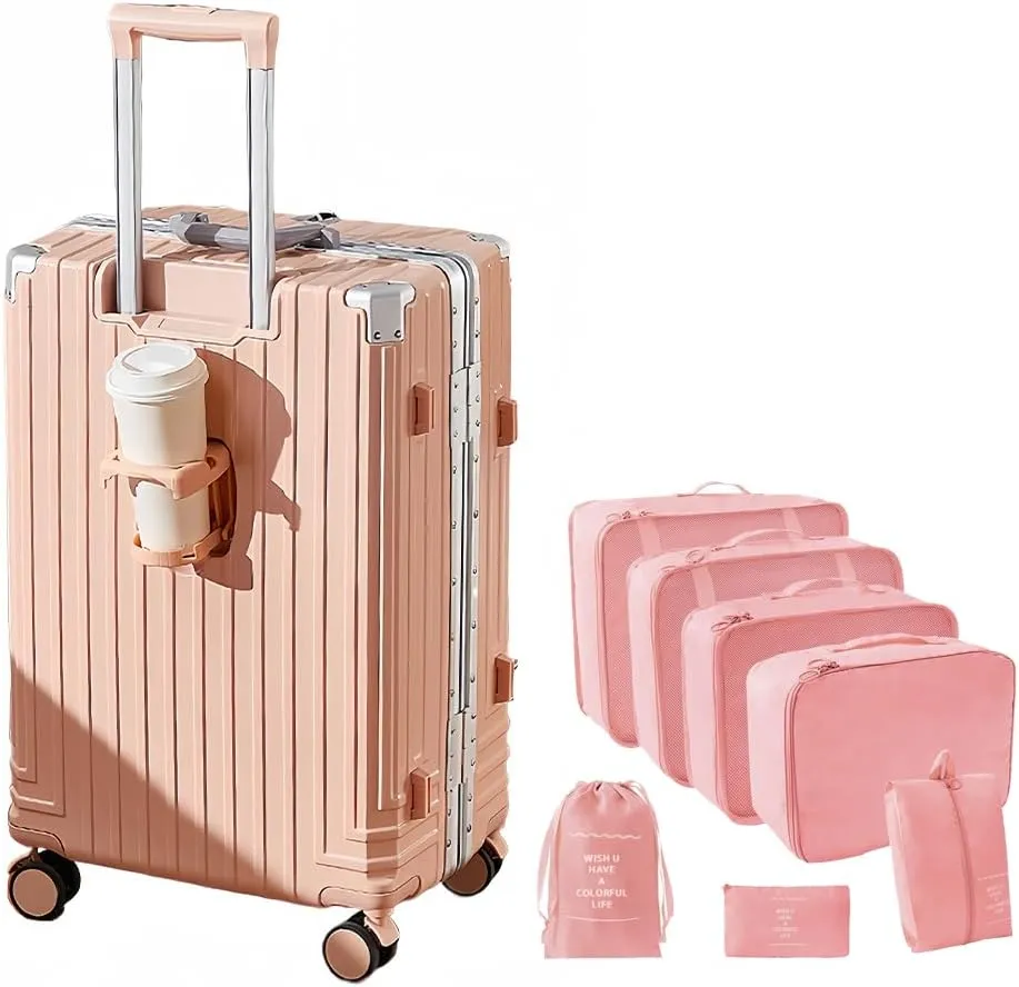 Aluminum Frame Carry-On Luggage, Hardside Carry-On Suitcase, Zipperless Suitcase, Spinner Luggage with Cup Holder and TSA Locks (Pink   Organizer Bags, 20-Inch)