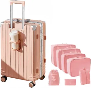 Aluminum Frame Carry-On Luggage, Hardside Carry-On Suitcase, Zipperless Suitcase, Spinner Luggage with Cup Holder and TSA Locks (Pink   Organizer Bags, 20-Inch)