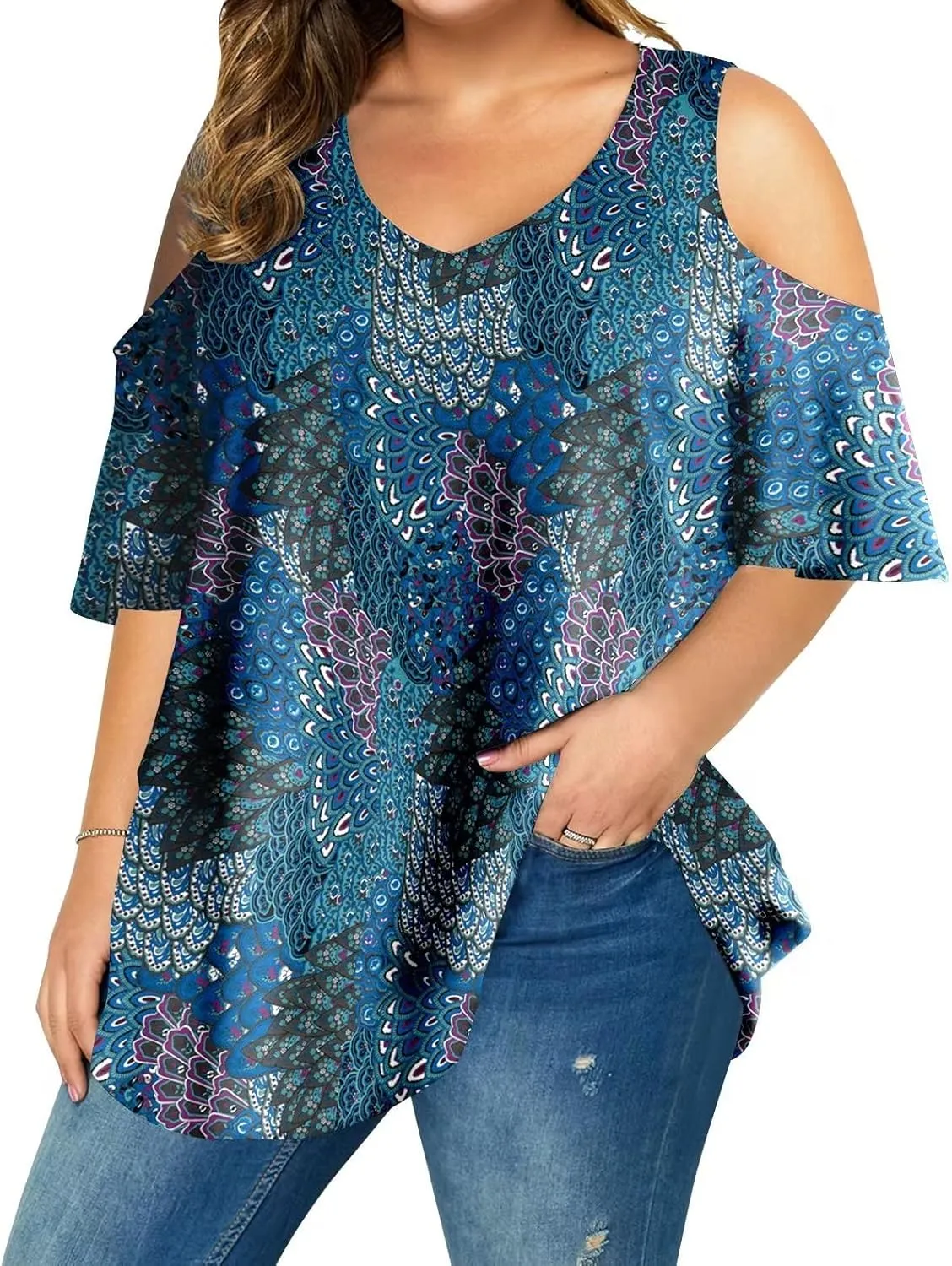 AMCLOS Womens Plus Size Tops Cold Shoulder V Neck T Shirt Short Sleeve Summer Casual Tunic