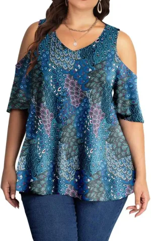 AMCLOS Womens Plus Size Tops Cold Shoulder V Neck T Shirt Short Sleeve Summer Casual Tunic