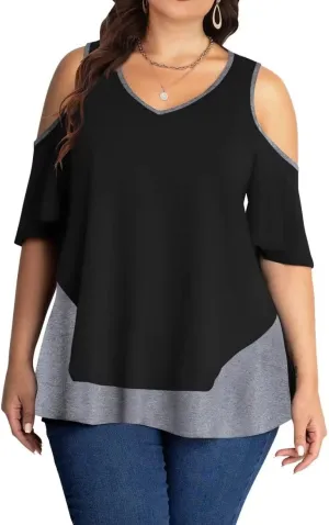 AMCLOS Womens Plus Size Tops Cold Shoulder V Neck T Shirt Short Sleeve Summer Casual Tunic