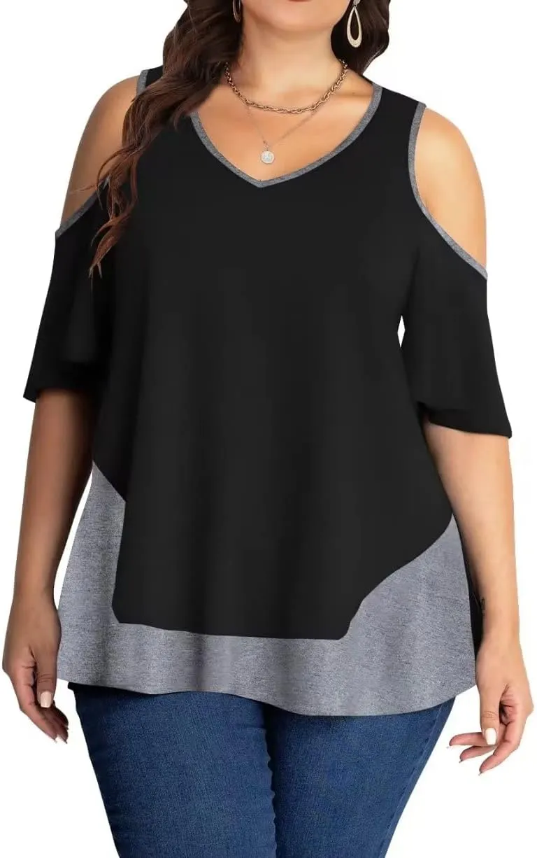 AMCLOS Womens Plus Size Tops Cold Shoulder V Neck T Shirt Short Sleeve Summer Casual Tunic