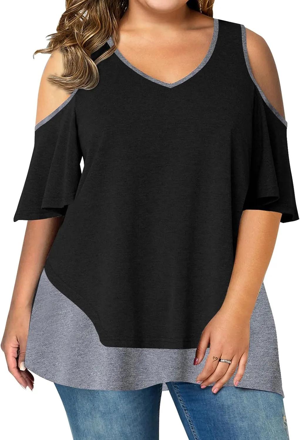 AMCLOS Womens Plus Size Tops Cold Shoulder V Neck T Shirt Short Sleeve Summer Casual Tunic