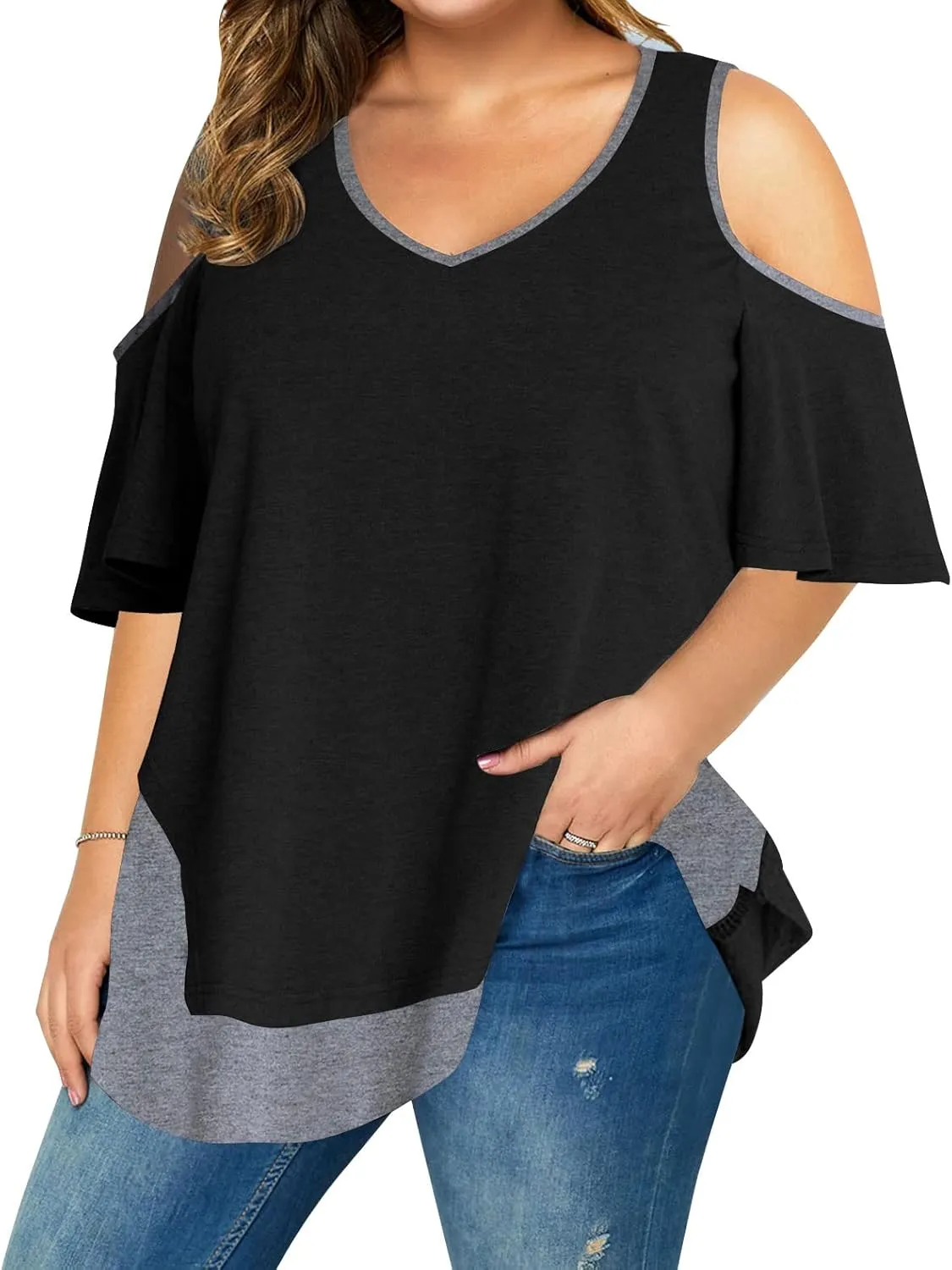 AMCLOS Womens Plus Size Tops Cold Shoulder V Neck T Shirt Short Sleeve Summer Casual Tunic