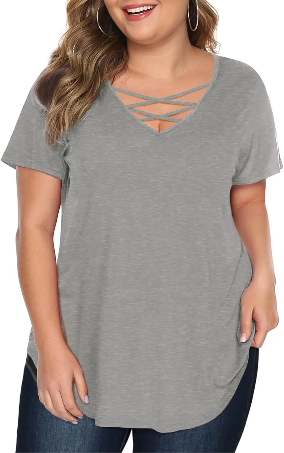 Amoretu Womens' Plus Size Tops with Short Sleeve Criss Cross Neck