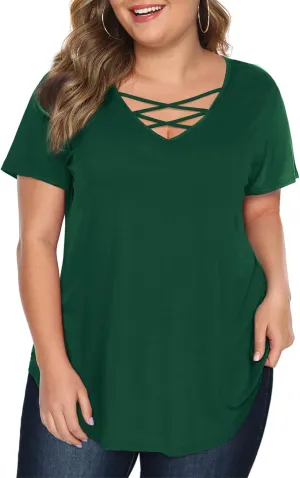 Amoretu Womens' Plus Size Tops with Short Sleeve Criss Cross Neck