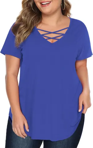 Amoretu Womens' Plus Size Tops with Short Sleeve Criss Cross Neck