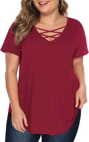 Amoretu Womens' Plus Size Tops with Short Sleeve Criss Cross Neck