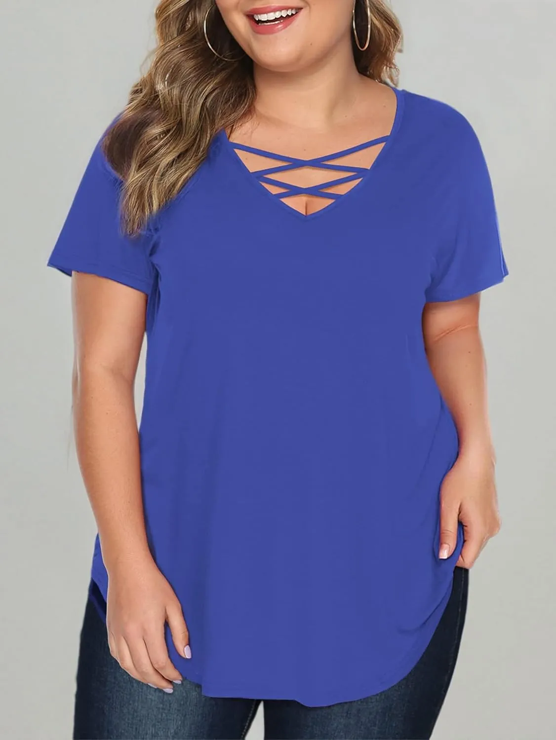 Amoretu Womens' Plus Size Tops with Short Sleeve Criss Cross Neck