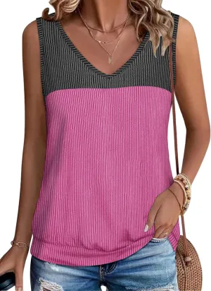 Anbech Women's Sleeveless Tshirts V Neck Summer Tank Tops Color Block Loose Cami Shirt