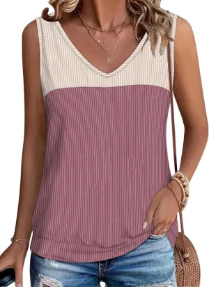 Anbech Women's Sleeveless Tshirts V Neck Summer Tank Tops Color Block Loose Cami Shirt