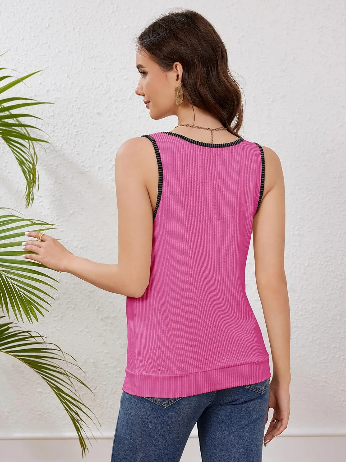 Anbech Women's Sleeveless Tshirts V Neck Summer Tank Tops Color Block Loose Cami Shirt