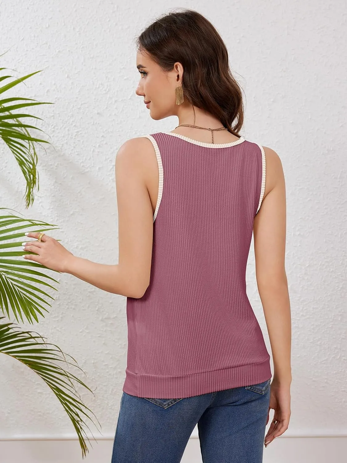 Anbech Women's Sleeveless Tshirts V Neck Summer Tank Tops Color Block Loose Cami Shirt