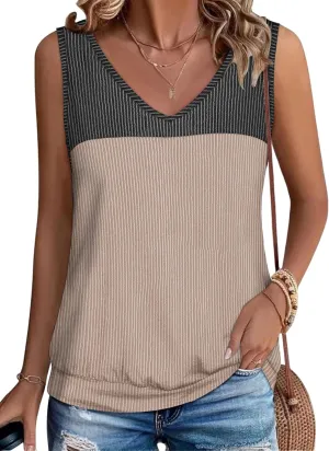 Anbech Women's Sleeveless Tshirts V Neck Summer Tank Tops Color Block Loose Cami Shirt