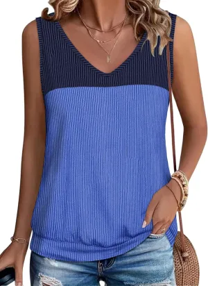 Anbech Women's Sleeveless Tshirts V Neck Summer Tank Tops Color Block Loose Cami Shirt