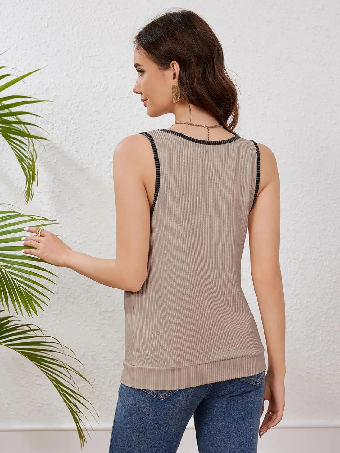 Anbech Women's Sleeveless Tshirts V Neck Summer Tank Tops Color Block Loose Cami Shirt