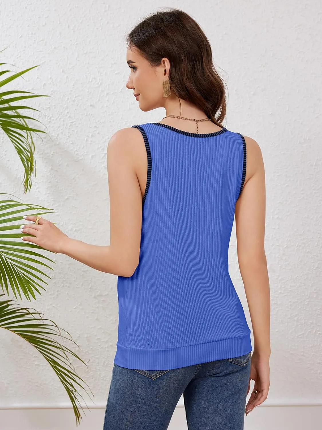 Anbech Women's Sleeveless Tshirts V Neck Summer Tank Tops Color Block Loose Cami Shirt
