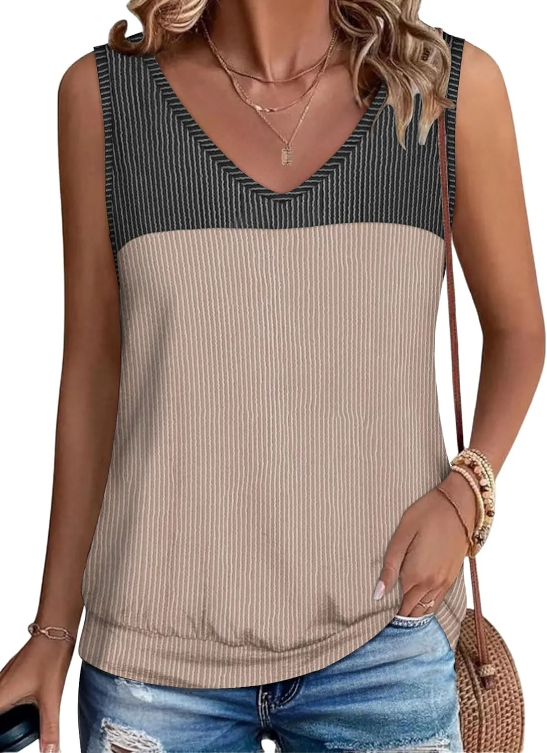 Anbech Women's Sleeveless Tshirts V Neck Summer Tank Tops Color Block Loose Cami Shirt