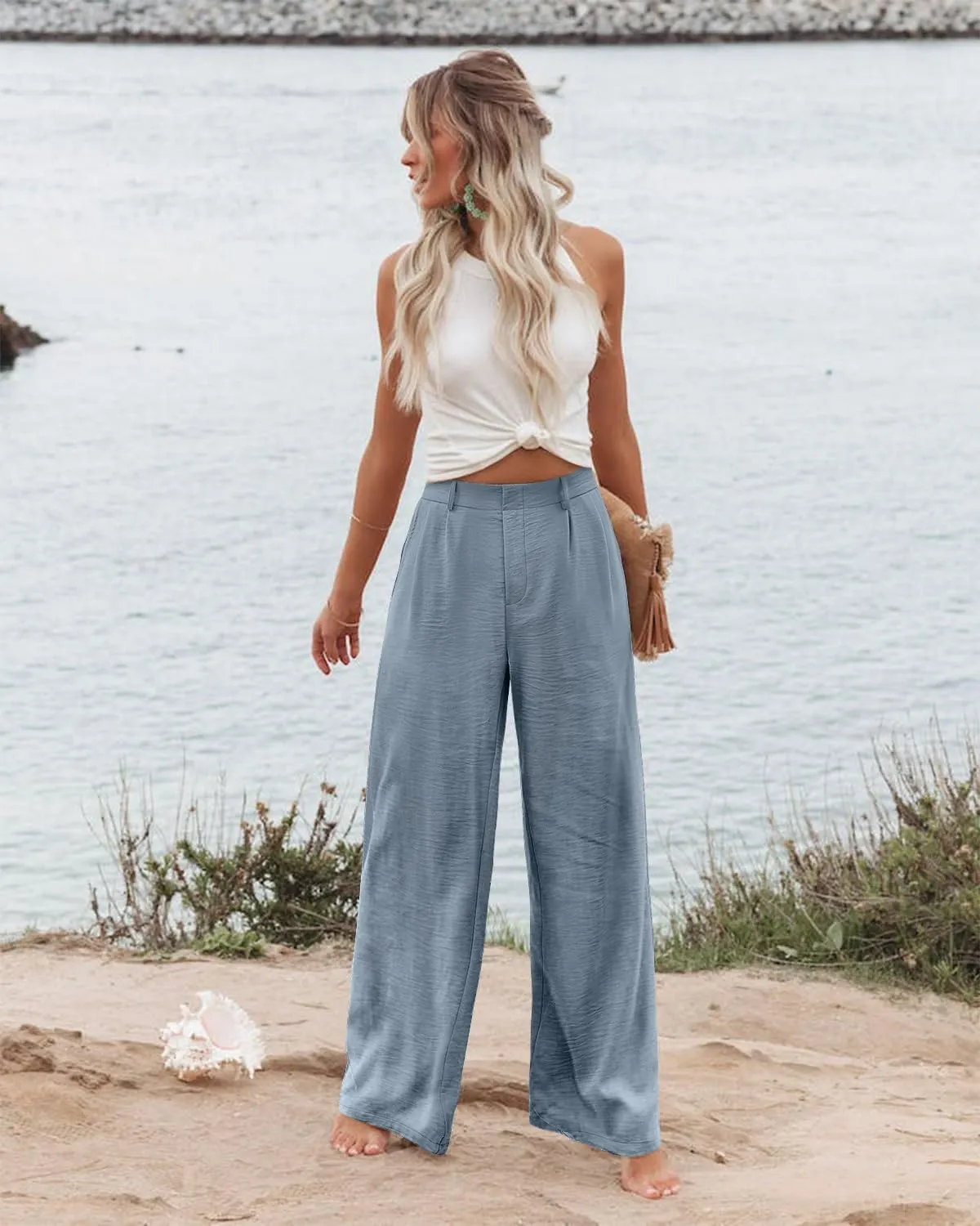 Angerella Women Wide Leg Pants High Elastic Waisted in The Back Business Work Trousers Long Casual Pants with Pockets