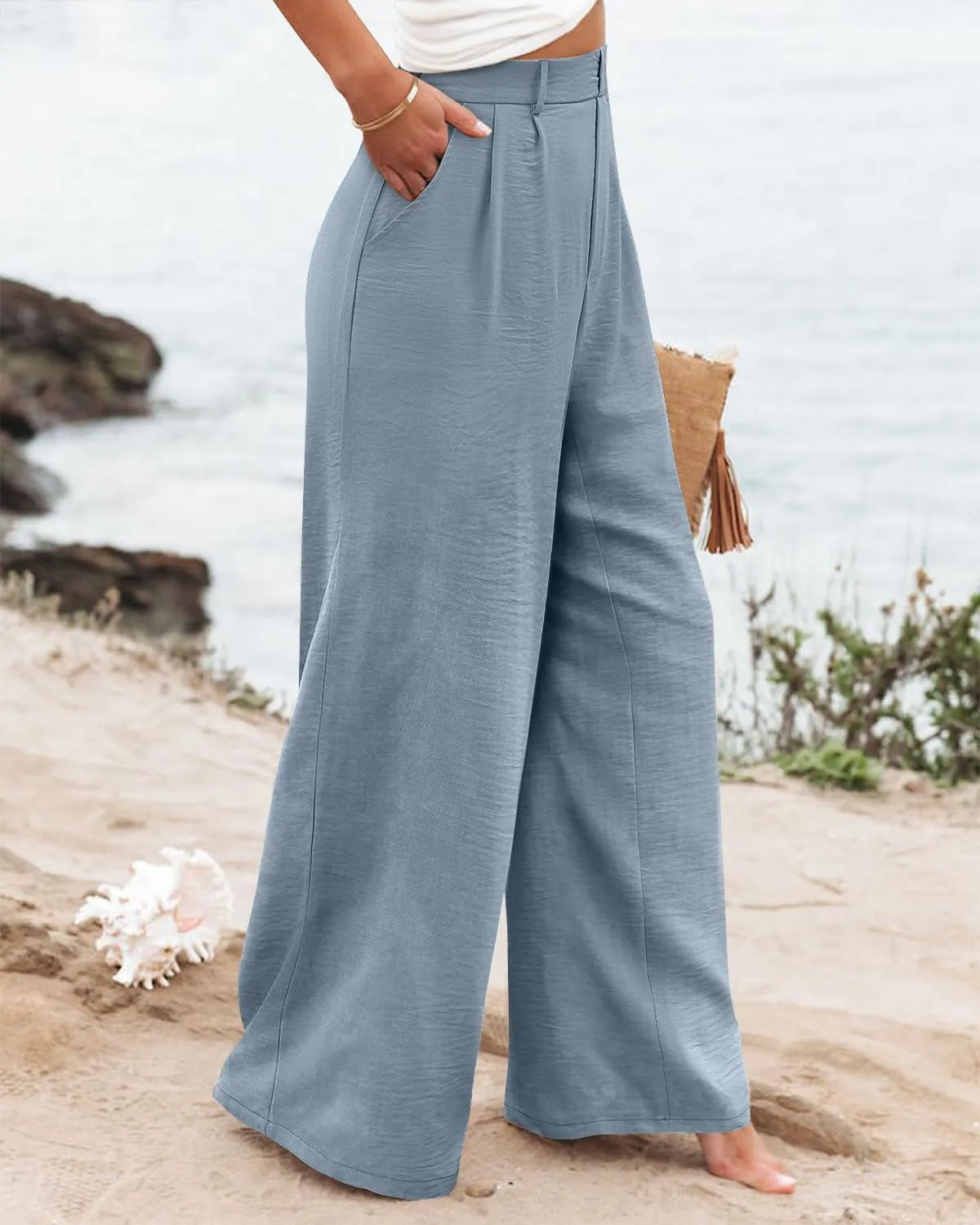 Angerella Women Wide Leg Pants High Elastic Waisted in The Back Business Work Trousers Long Casual Pants with Pockets