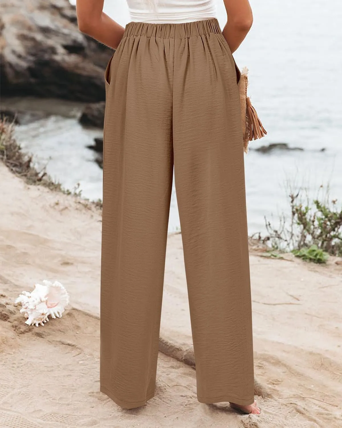 Angerella Women's Casual Wide Leg Pants High Elastic Waisted in The Back Business Work Trousers Long Pants with Pocket