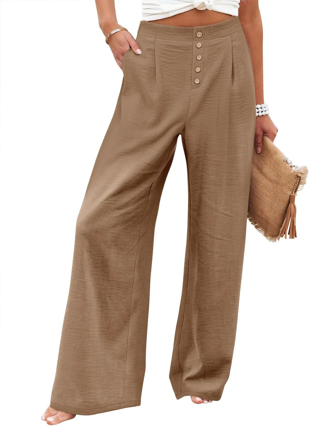 Angerella Women's Casual Wide Leg Pants High Elastic Waisted in The Back Business Work Trousers Long Pants with Pocket