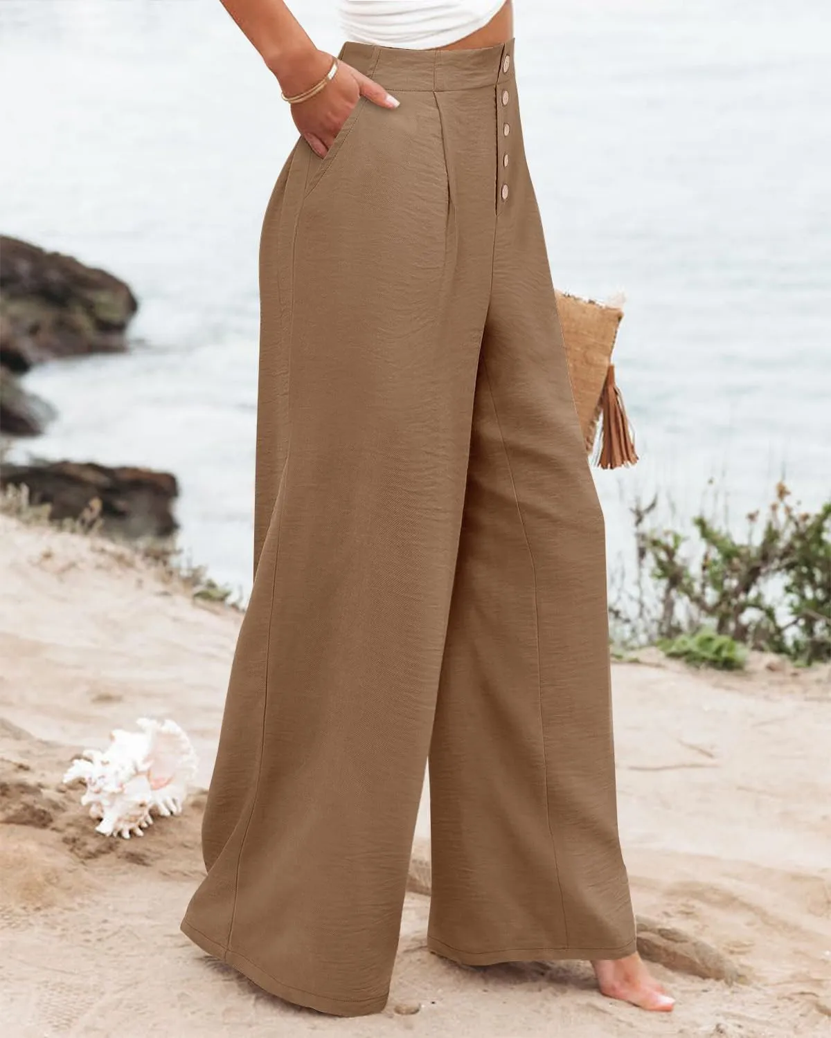 Angerella Women's Casual Wide Leg Pants High Elastic Waisted in The Back Business Work Trousers Long Pants with Pocket