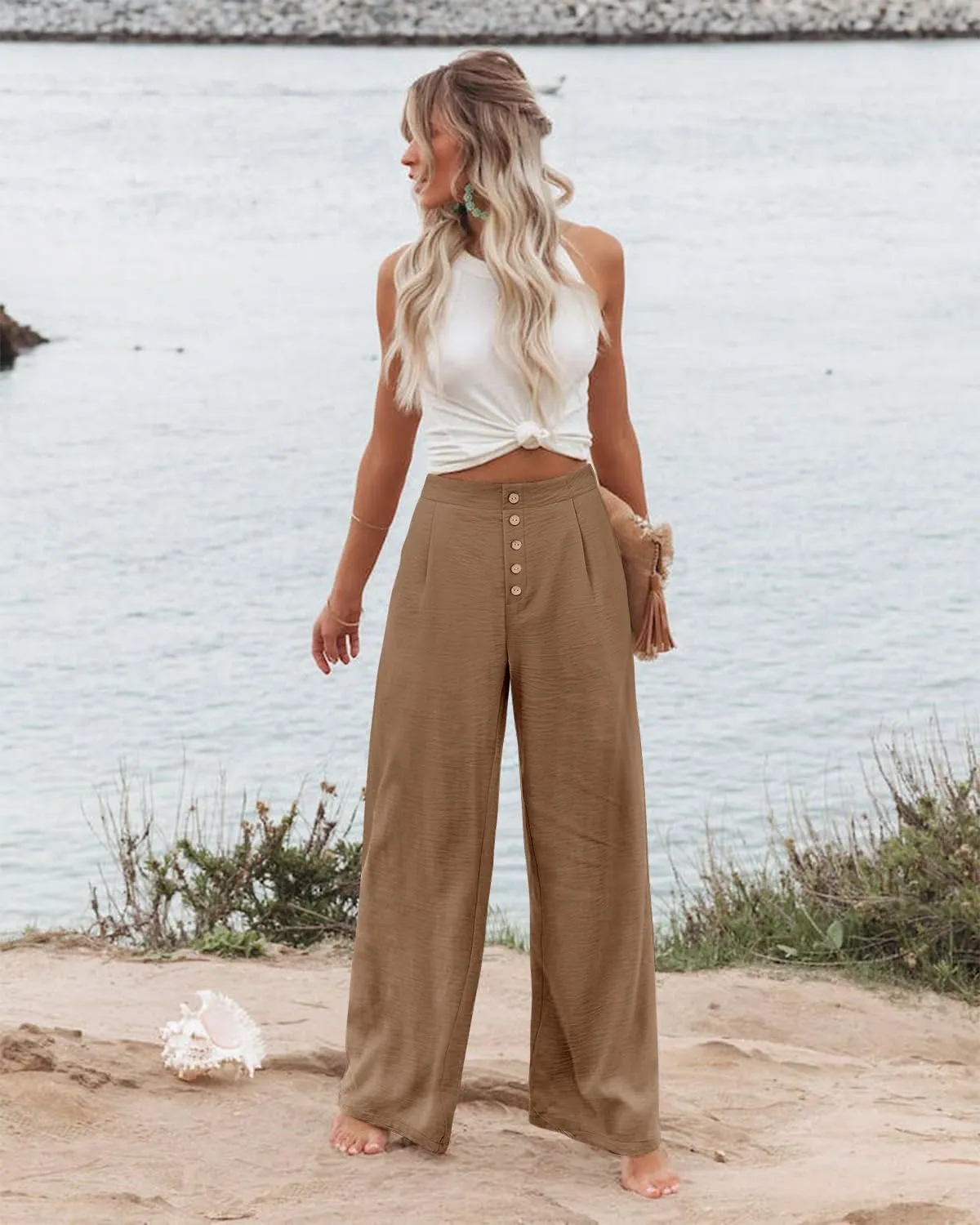 Angerella Women's Casual Wide Leg Pants High Elastic Waisted in The Back Business Work Trousers Long Pants with Pocket