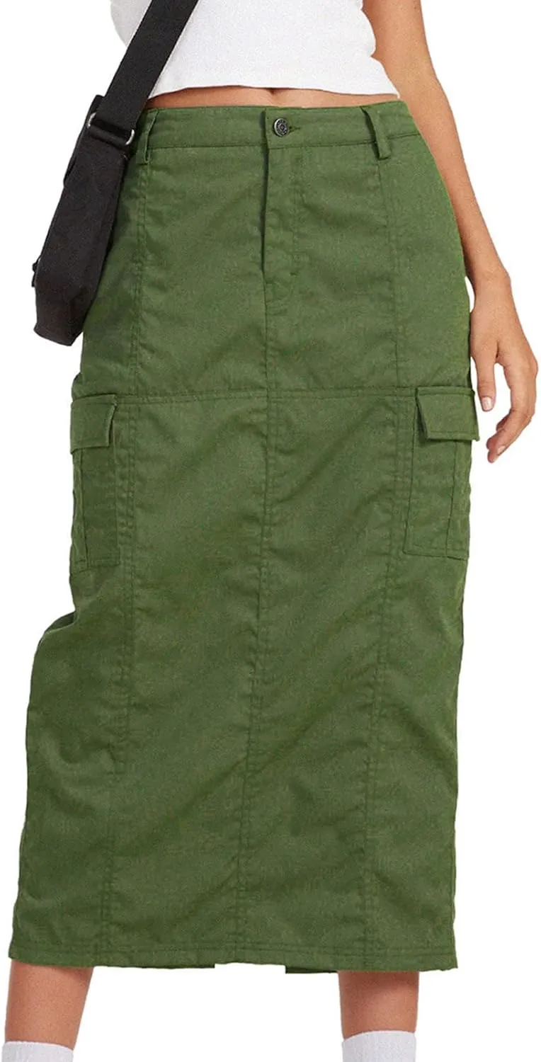 ASHER FASHION Women's Y2K Skirts Cargo Midi Skirt Elegant Long Denim Skirts with Cargo Pockets Bodycon Skirt