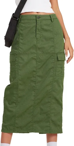 ASHER FASHION Women's Y2K Skirts Cargo Midi Skirt Elegant Long Denim Skirts with Cargo Pockets Bodycon Skirt