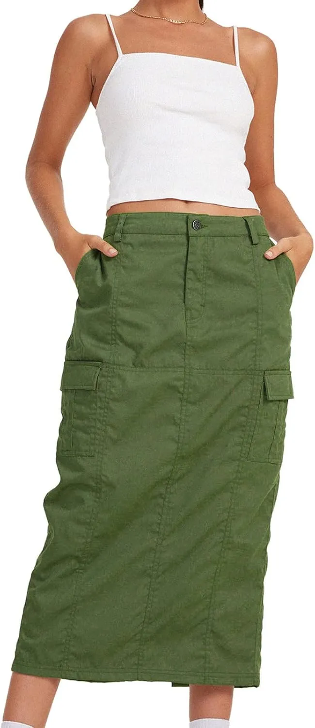 ASHER FASHION Women's Y2K Skirts Cargo Midi Skirt Elegant Long Denim Skirts with Cargo Pockets Bodycon Skirt