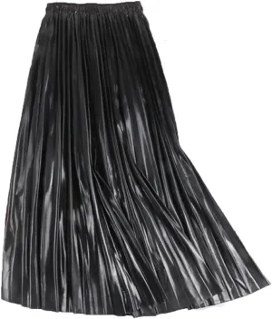 Autumn Winter High Waist A-Line Midi Pleated Skirt Women Gold Silver Elegant Long Skirts