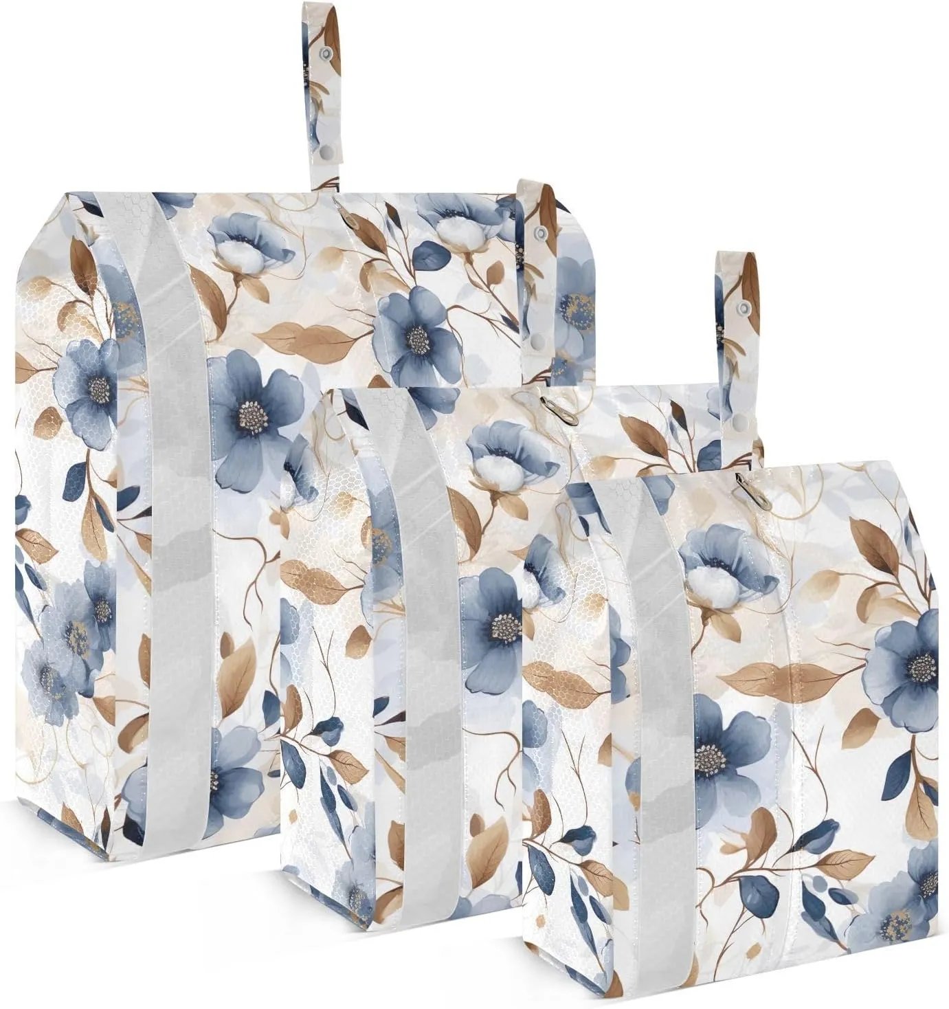 Blue Flowers Golden Leaves Packing Cubes for Travel 3 Set Compression Bags Luggage Packing Organizers for Organization